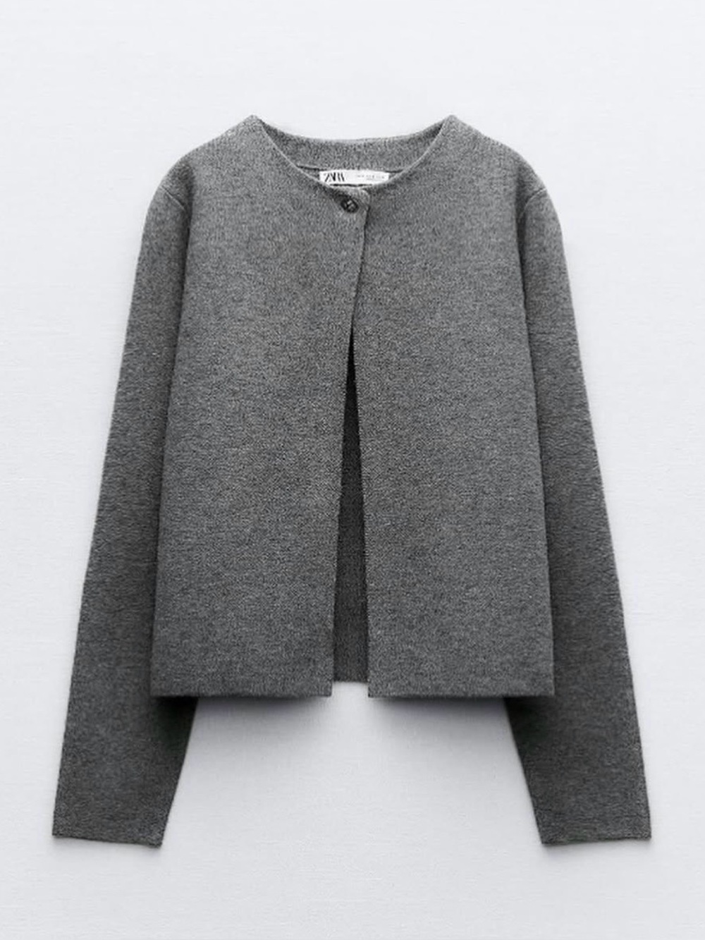 Zara knit cardigan in grey, crew neck and metal fasting collar
